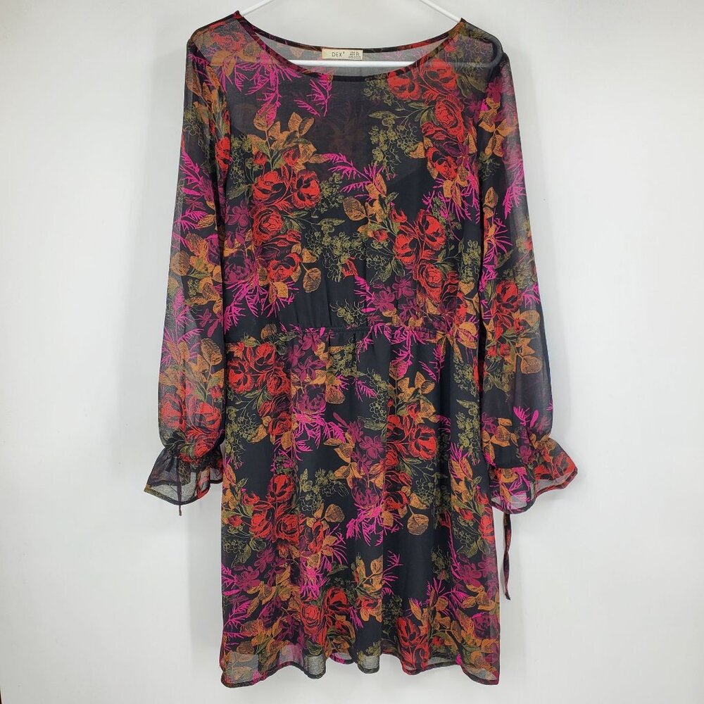 Dex Black Floral Print‎ Sheer Balloon Tie Sleeve Whimsy Chiffon Dress Size XL